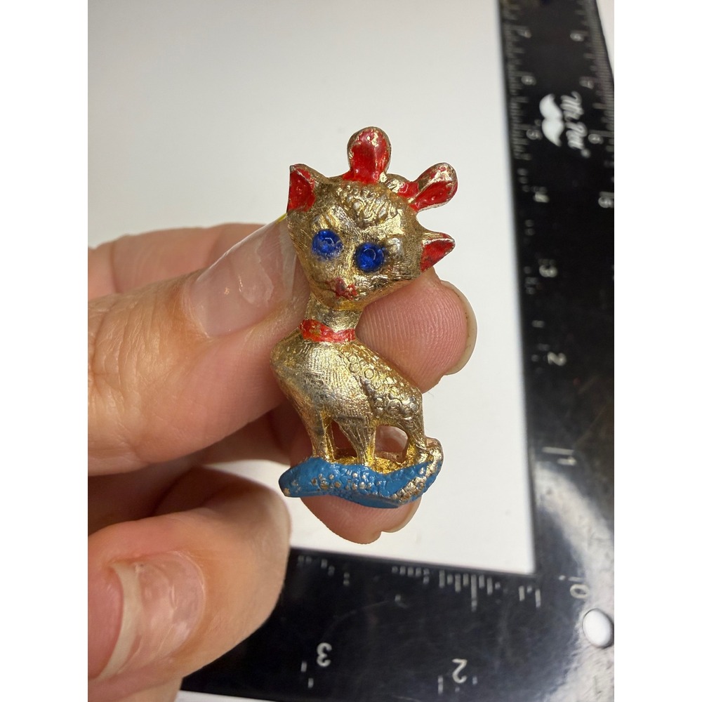 Vintage Hong Kong Gold Tone Enamel Cat Goat Brooch Pin Rhinestone Eyes Signed